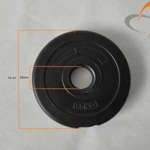 Schwarze Hantelscheibe 0,5 kg, misst 14 cm im Durchmesser, 30 mm Loch. Ideal für Fitnesstraining.