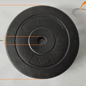 Schwarze 10 kg Hantelscheibe von V-fit mit den Maßen 31 cm Durchmesser und 30 mm Lochdurchmesser.