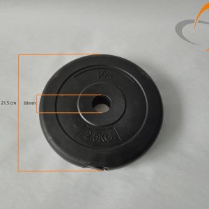 Schwarze Hantelscheibe mit 2,5 kg, 21,5 cm Durchmesser, 30 mm Loch, auf grauem Hintergrund, V-fit Logo.