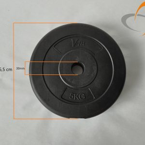 5 kg Hantelscheibe, schwarz, Durchmesser 25,5 cm, Lochdurchmesser 30 mm, V-fitt-Logo oben rechts.