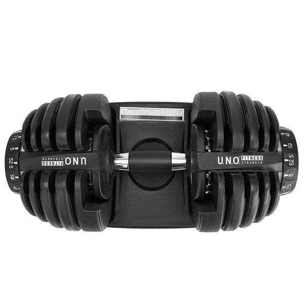 Schwarze verstellbare Hantel mit U.N.O Fitness-Logo auf weißem Hintergrund, ideal fürs Heimtraining.