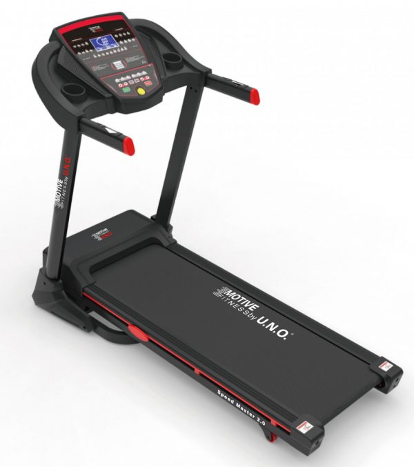 Schwarzes Laufband mit digitalem Display für Heimtraining, seitlicher Ausstieg, rote Akzente, modern und funktional.