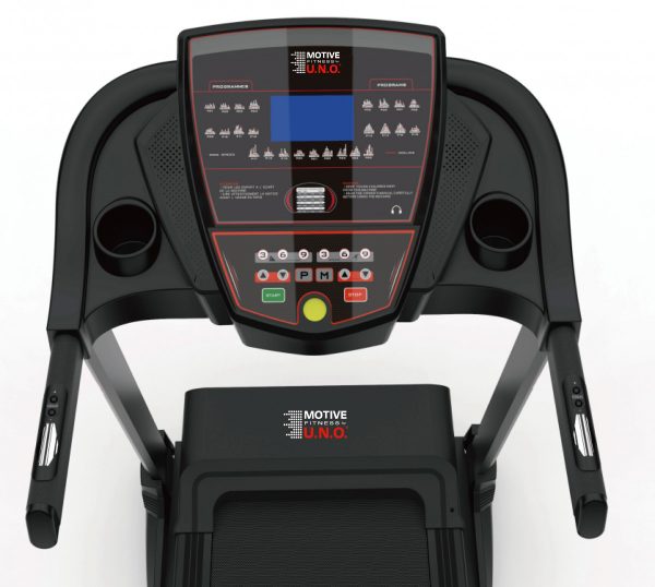 Laufband-Konsole in Nahaufnahme mit Tasten und Display, geeignet für Fitness-Training zuhause.
