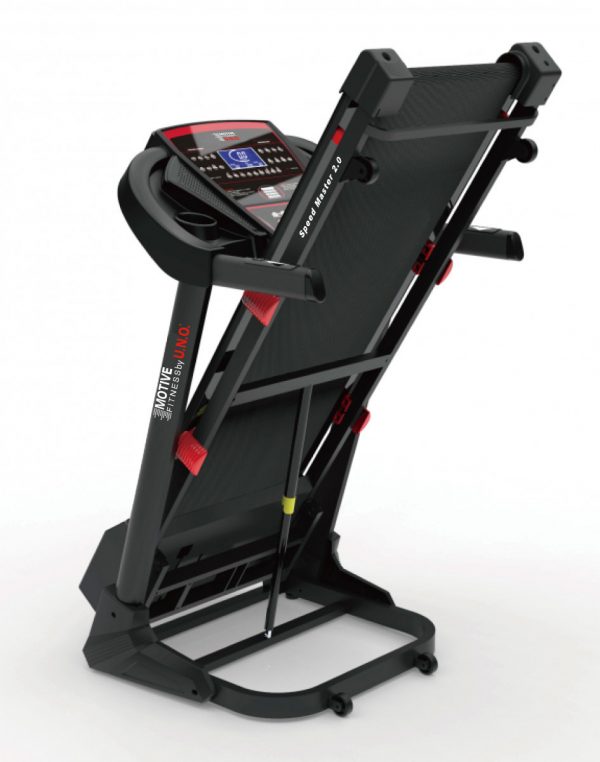 Klappbares Laufband Speed Master 2.0 in Schwarz und Rot mit Display für Fitness zu Hause.