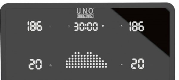 Fitnessgeräte-Bildschirm von U.N.O. FITNESS mit Zeitangabe 30:00 Minuten und grafischer Darstellung eines Trainingsprogramms.