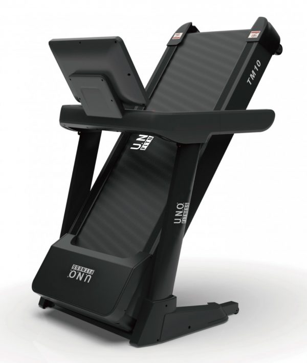 Schwarzes Laufband von UNO Fitness Modell TM10 mit Monitor, geeignet für Heimfitness und Ausdauertraining.