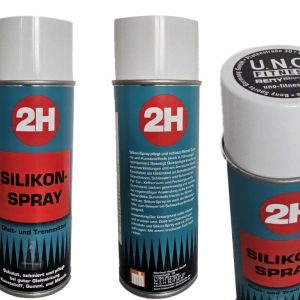 Silikonspray von 2H, drei Dosenansichten: Vorderseite, Rückseite mit Beschreibung, und Deckel. Schützt Metall und Kunststoffe.