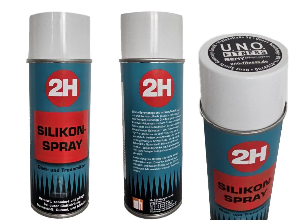 Silikonspray von 2H, drei Dosenansichten: Vorderseite, Rückseite mit Beschreibung, und Deckel. Schützt Metall und Kunststoffe.