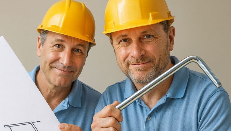 Zwei Bauarbeiter mit gelben Helmen, lächelnd. Einer hält einen Inbusschlüssel, der andere ein Dokument mit Zeichnung.