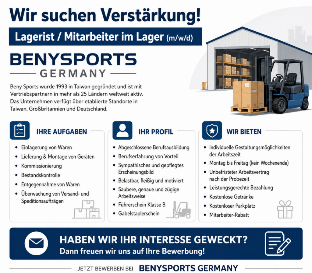 Stellenanzeige: Lagerist/in gesucht bei Beny Sports Germany. Aufgaben, Profil und Vorteile der Stelle im Lager.