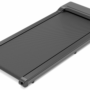Schwarzes Laufband ohne Geländer, flach und kompakt, ideal für Fitness zuhause.